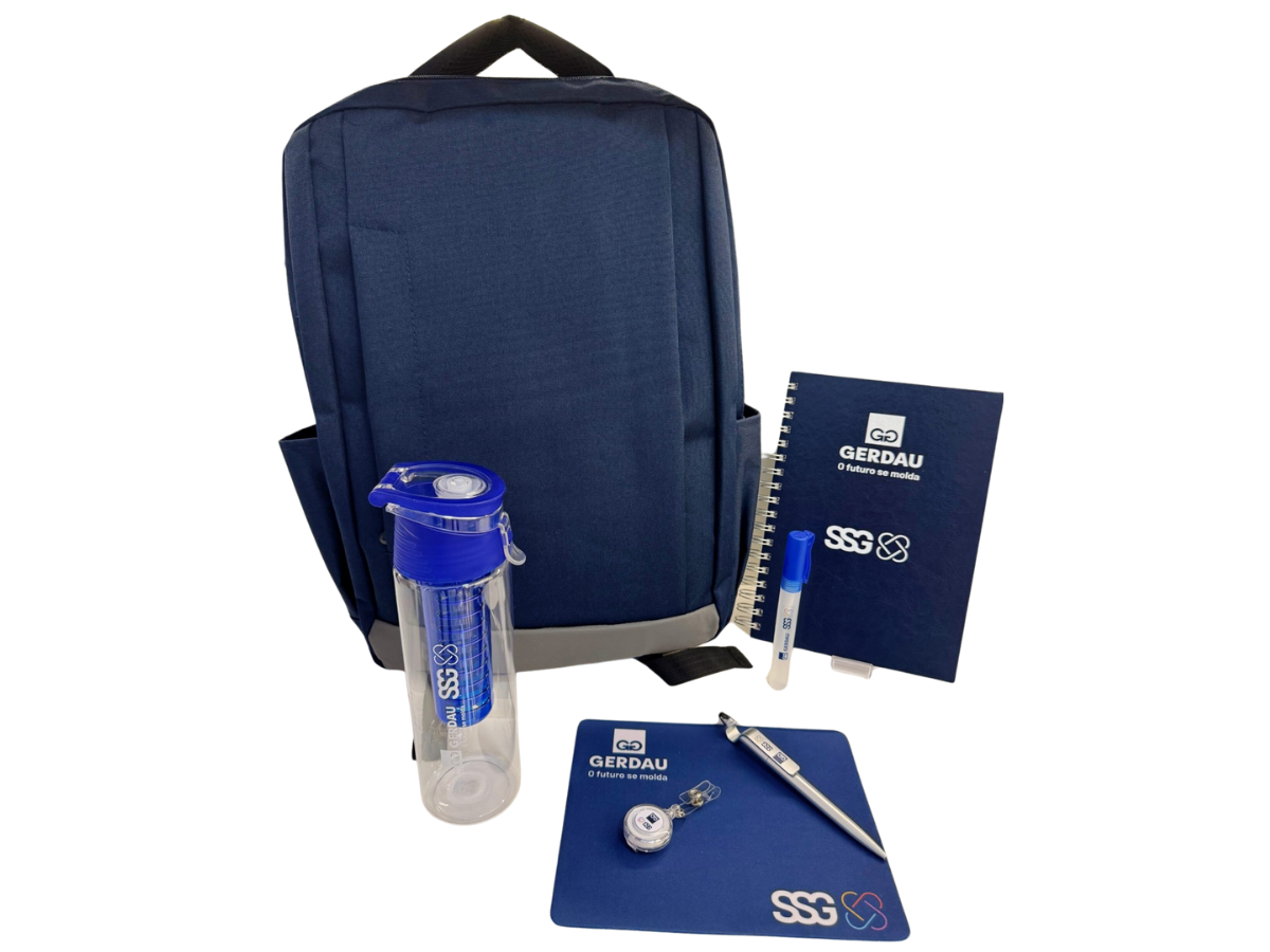 Kit personalizado Gerdau SSG — mochila, squeeze e acessórios com logomarca