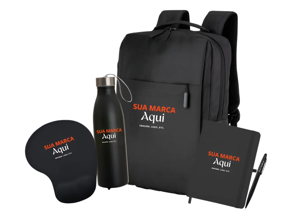 Kit corporativo premium personalizado — mochila, garrafa, mousepad e caderno