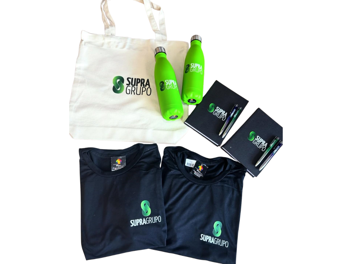 Kit personalizado Supra Grupo — camiseta, squeeze e caderno com logomarca